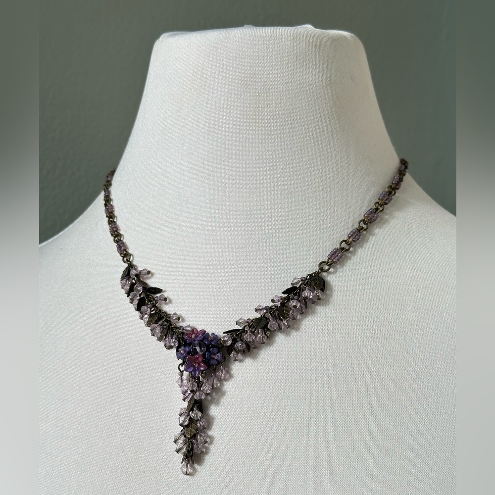 Colleen Toland Purple Floral Fringe Leaves Fairycore Beaded Necklace Victorian